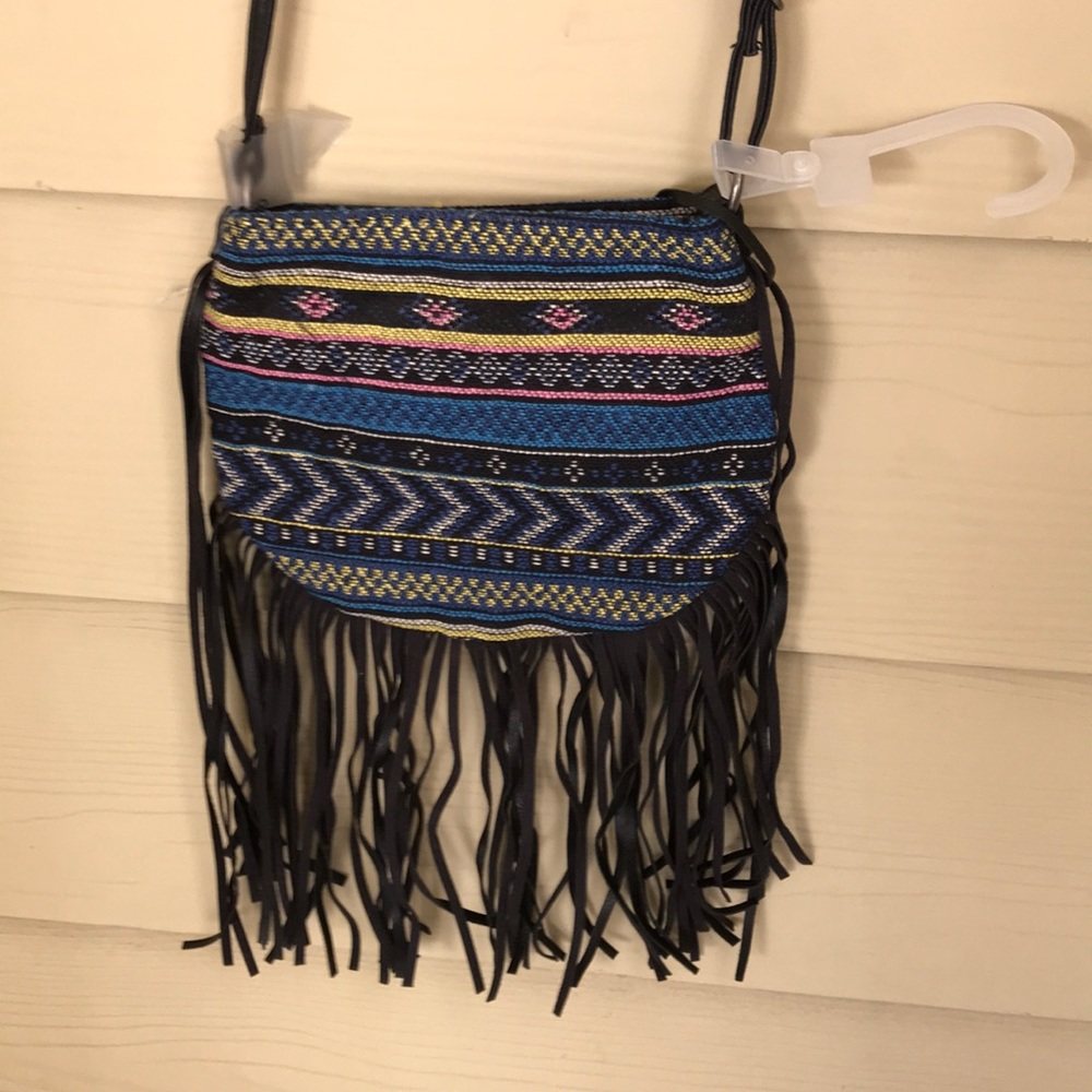 Fringe crossbody purse with Aztec print